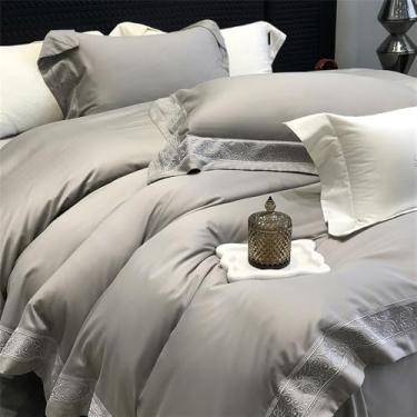 Imagem de Jogo de cama natural e suave para a pele, com bordado na borda, capa de edredom, lençol e fronha, 4 peças, cinza, tamanho King (220x240cm).