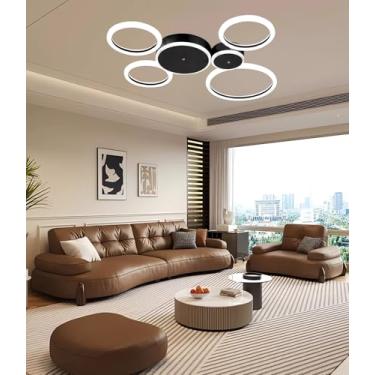 Imagem de Luminária de teto LED moderna para interiores, com intensidade regulável, para sala de estar, com controle remoto, ideal para quarto, sala de jantar e escritório (preta, 6 anéis).