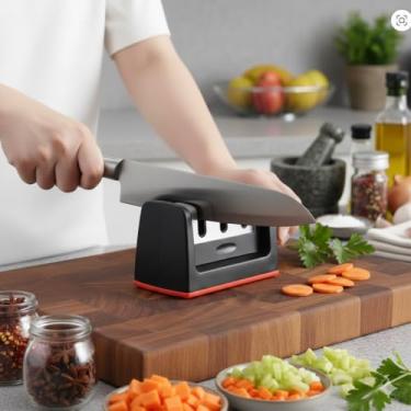 Imagem de Premium Afiador de Facas 3 em 1, Manual Profissional com Cabo Ergonômico, Base Antiderrapante, Aço, Vermelho e Preto, para Uso Diário, Corte Rápido e Preciso