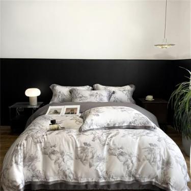 Imagem de Conjunto de cama com estampa de rosas, macio e sedoso ao toque, ideal para o verão. Inclui capa de edredom, lençol e lençol de baixo. Tamanho 8 (1,8 m).