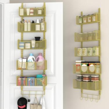 Imagem de VyGrow Organizador sobre a porta, organizador de porta de metal pendurado com 5 cestas ajustáveis e gancho para casaco, armazenamento atrás da porta para quarto, armário, banheiro, despensa, armário