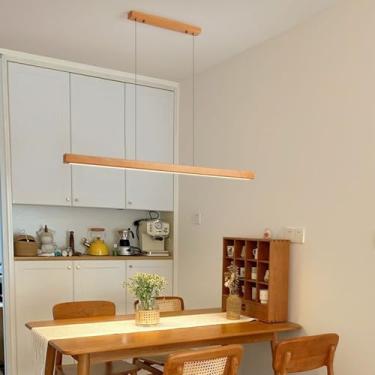 Imagem de Luminária pendente linear com controle remoto, luminária pendente LED para mesa de jantar, madeira, dimerizável, design linear, lustre para sala de jantar, cozinha e escritório (madeira, 150