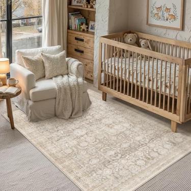 Imagem de WondRg Tapete de área neutra lavável bege 10 x 15 cm para sala de estar, vintage, floral, antiderrapante, macio, fino, resistente a manchas, sala de jantar, cozinha, quarto, sala de jogos, escritório