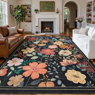 Imagem de Ruaruarug Tapetes de área florais, antiderrapantes laváveis na máquina, resistentes ao desgaste, ultramacios para sala de estar/quarto/cozinha/sala de aula, preto, 20 cm x 25 cm