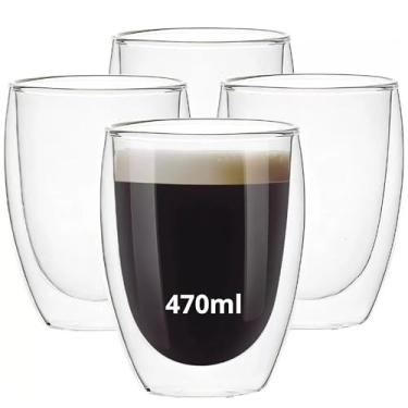 Imagem de Jogo Com 4 Copos De Vidro Com Parede Dupla em Borossilicato Para Café Chá Bebidas Resistente, Suporta Altas e Baixas Temperaturas, Não Queima as Mãos 470ml