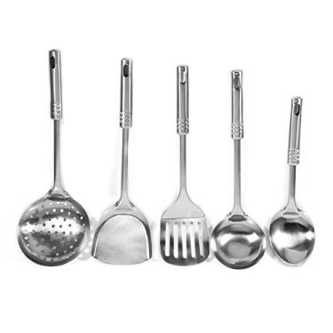 Imagem de Yosoo Conjunto de Utensílios de Cozinha de 5 Unidades, Ferramentas de Cozinha de Aço Inoxidável Com Colher de Sopa, Coador, Espátula de pá Plana, Com Furo de Suspensão