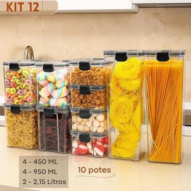 Imagem de Kit Pote Hermético Organizador de Mantimentos e Temperos para Cozinha, Armário e Geladeira Slim Transparente com Tampa Vedada (KIT 12-10 POTES SLIM)