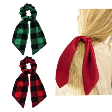 Imagem de Cachecol de cabelo verde vermelho com laço de fita para mulheres e meninas, laço de Natal para cabelo, laços de cabelo xadrez com laço, fita de cabelo de Papai Noel de alce, faixas de cabelo curto,