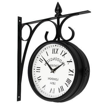 Imagem de SLGGPJBU Relógio de parede de jardim ao ar livre, relógios de estação de trem de dupla face, relógio vintage de ferro forjado, relógio de estação de duas faces de fácil leitura para decoração de