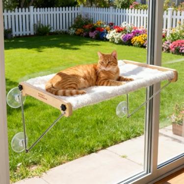 Imagem de HoneyGuardian Prech para janela de gato, suporte de metal a partir de baixo com 4 ventosas, cama para animais de estimação, rede de janela para gatos grandes e gatinhos