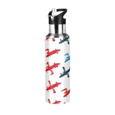 Imagem de Wassud Garrafa de água de aço inoxidável com padrão de aviões, garrafa de água com isolamento de palha, copo portátil para viagem, 946 ml