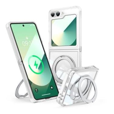 Imagem de 【Suporte magnético de rotação de 360°】 Capa para Galaxy Z Flip 6/5 【Adequada para MagSafe e Pixelsnap】 Capa com suporte de anel 【transparente sem cristal amarelo】 Capa para celular Samsung Galaxy Z