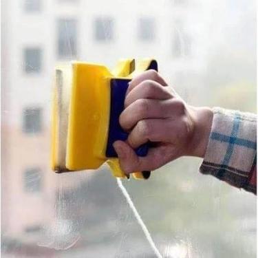Imagem de Limpador Magnético de Vidros e Janelas, Dupla Face com Imã, Azul e Amarelo, 12x11x6cm para Vidros até 6mm
