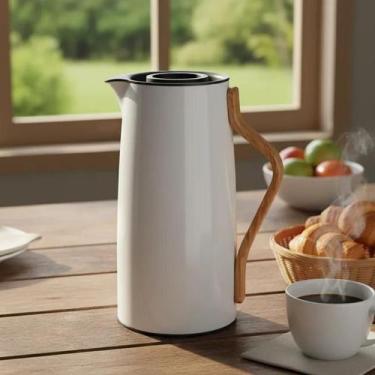 Imagem de Garrafa Térmica 1L Branca Sofisticada Tampa Hermética Bambu - Lehavi