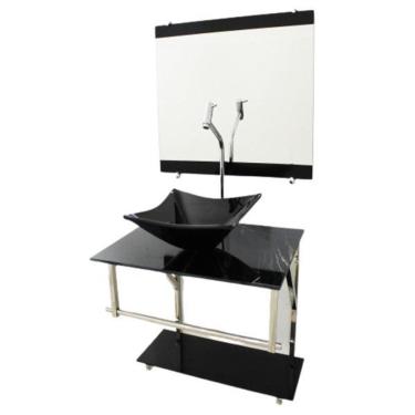 Imagem de Gabinete De Vidro 60Cm Iq Inox Cuba Quadrada Mármore Preto