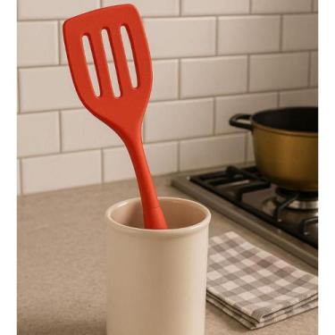 Imagem de Espátula Vazada Chapeiro Em Silicone Resistente Cozinha Vermelho - ORI