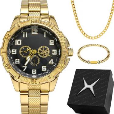 Imagem de Relogio Banhado Masculino + Pulseira Caixa dourado preto 18k ouro retr