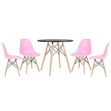 Imagem de Loft7, Mesa redonda Eames 80 cm preto + 4 cadeiras Eiffel DSW Rosa claro