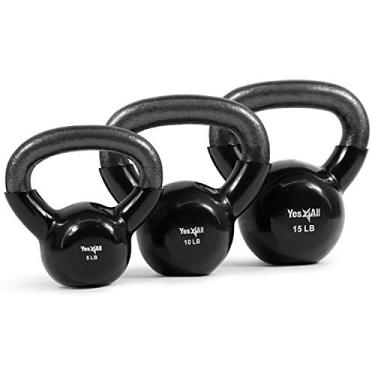 Imagem de Yes4All Combo Especial: Conjuntos de Peso Kettlebell Revestidos de Vinil – Peso Disponível (Preto - 5, 10, 15 lbs)
