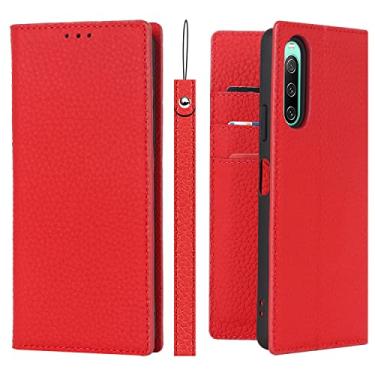 Imagem de DENSUL Capa de couro genuíno para Sony Xperia 5 IV, capa carteira de textura de lichia premium flip slot para cartão suporte magnético alça de pulso proteção contra quedas, vermelho