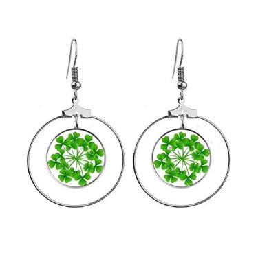 Imagem de Brincos de trevo de quatro folhas com círculo da Irlanda Dia de São Patrício pendentes joia circular