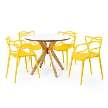 Imagem de Conjunto Mesa de Jantar Redonda Marci Premium Branca 100cm com 4 Cadeiras Allegra - Amarelo