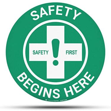 Imagem de TRADESAFE Adesivo de piso antiderrapante Safety First - Placa de piso Safety Begins Here, placa de vinil adesiva, compatível com ANSI, adesivo redondo de 43 cm de diâmetro