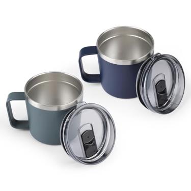 Imagem de Olympia Tools Conjunto de canecas de café com alça e tampa 400 ml, pacote com 2, caneca de acampamento isolada, copo de aço inoxidável de parede dupla, copo de café reutilizável ao ar livre, revestido
