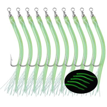 Imagem de OROOTL Iscas de tubo de robalo listradas, 10 peças iscas de tubo clássicas, iscas de pesca de água salgada, anzóis listrados, anzóis de pesca de bacalhau com gancho giratório para pesca offshore