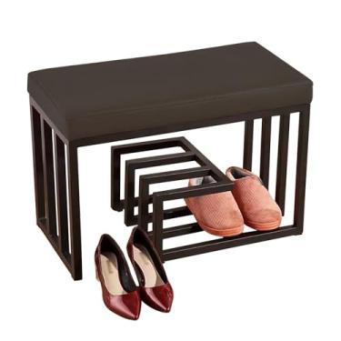 Imagem de Rack de armazenamento de sapatos, banco de metal com almofada, armário de armazenamento de 2 camadas, organizador de entrada para quarto, extremidade da cama, sala de estar, preto