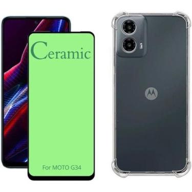 Imagem de Kit Capa Capinha Transparente + Película Cerâmica para Moto G34 - HUAN