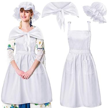 Imagem de Hercicy Conjunto de 3 peças de fantasia colonial branco, touca, xale, cintura, avental de peregrino, acessórios para mulheres e meninas (estilo longo), Branco, One Size