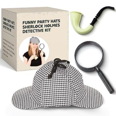 Imagem de Funny Party Hats Kit de detetive Sherlock Holmes – chapéu de detetive preto e branco, cachimbo de fantasia e lupa de trabalho – perfeito para festas à fantasia, Preto e branco, tamanho �nico