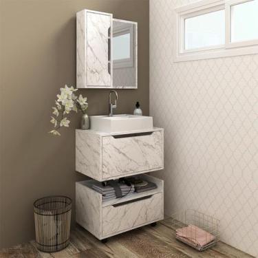 Imagem de Kit de Banheiro Modulado Gabinete Pia e Espelheira Mármore Branco - Te
