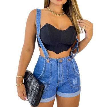 Imagem de Short Salopete Jeans sem Lycra Destroeyd Feminino  - Atacado da Moda, 
