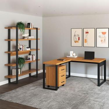 Imagem de Kit Escritório Escrivaninha L com Estante e Gaveteiro em MDF Freijó Pr