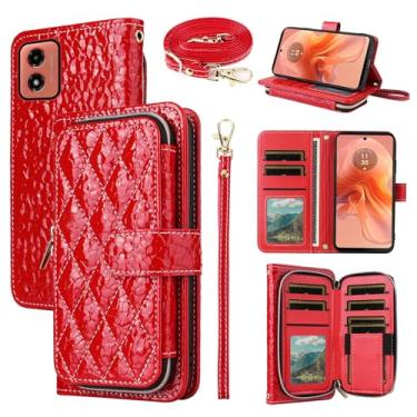 Imagem de Furiet Argyle Capa carteira para Motorola Moto G04/G04s/G24/E14 4G com tiracolo/alça de pulso luxuosa de couro PU suporte com zíper bolsa à prova de choque porta-cartões capa de celular para GO4 G 04