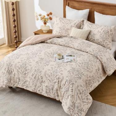 Imagem de PlushVibes Conjunto de edredom floral damasco – 100% algodão bambu, 3 peças, edredom king size, leve, 400 fios, reversível, elegante, botânico, com 2 fronhas, 228 x 264 cm