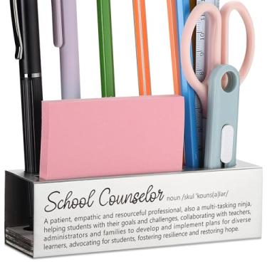 Imagem de CINRLLA Presentes de conselheiro escolar, presentes de apreciação de aconselhamento, suporte de caneta de definição de conselheiro escolar para mesa, suporte de caneta com suporte de notas adesivas,