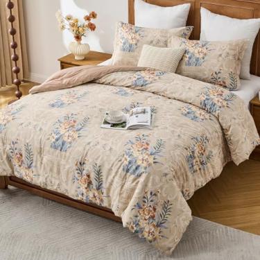 Imagem de PlushVibes Conjunto de edredom queen floral, 100% algodão orágico, amarelo, marrom, verde, 3 peças, edredom, leve, reversível 400 fios, wowen, elegante, com 2 fronhas, 228,6 cm x 228,6 cm