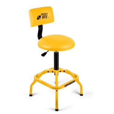 Imagem de FreekyFit Banco de loja com encosto, banco de garagem mecânico, ajustável, acolchoado, amarelo, capacidade de 136 kg, assento giratório de PVC 360, resistente