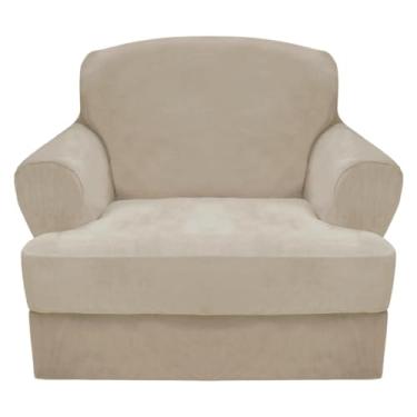 Imagem de CUCRAF T Capa de sofá de 2 peças, capa de sofá de veludo grosso macio para sala de estar, protetor de móveis lavável de alta elasticidade com 1 capa de almofada para cadeira (cadeira, marfim)