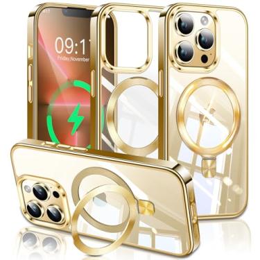 Imagem de ESTPEAK Capa de titânio dourado com suporte de CD Mag-Stand para iPhone 13 Pro com anel magnético invisível, [apto para MagSafe] [nunca amarela] Capa de telefone transparente para iPhone 13 Pro 6,1
