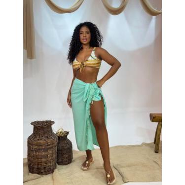 Imagem de Canga Saída de Praia Verde Água Franja Brilho Feminina Versátil e Eleg