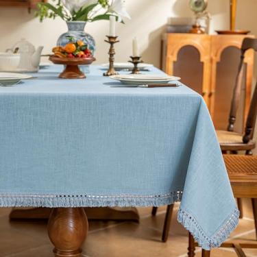 Imagem de AmHoo Toalha de mesa de linho toalha de mesa costura borla retangular decorativa toalha de mesa natural para cozinha jantar casamento buffet 155 x 86 polegadas azul nuvem