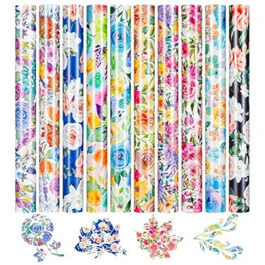 Imagem de HTVRONT Vinil de transferência de calor floral - 30,5 x 25,4 cm aquarela flor ferro em folhas de vinil, 11 pacotes padrão HTV com 1 folha de teflon, pacote de vinil HTV estampado para fantasia de