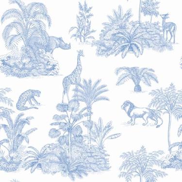 Imagem de VEELIKE Papel de parede vintage de animais da selva papel de parede azul para banheiro quarto inquilinos 48 x 39 cm mural de parede removível floresta autoadesivo papel de contato azul para gavetas de
