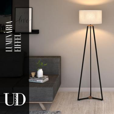 Imagem de Luminária Abajur de Chão Industrial Escandinavo Cúpula Palha Aço Preto Detalhe com Acabamento Couro - eiffel unidecor casa