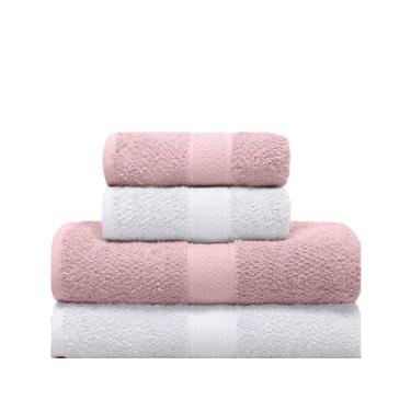 Imagem de Kit Toalha Banho e Rosto 4 Peças Branco/Rose 100 Algodão Fio Penteado 