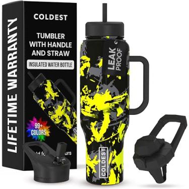 Imagem de Copo Coldest com alça e canudo - Copo isolado 100% à prova de vazamento com tampa e canudo (3 tampas) - Copos de aço inoxidável para mulheres e homens - Base compatível com porta-copos, 1,304 g (Off
